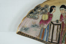 Load image into Gallery viewer, Hand-Painted Fan-Shaped Wall Plaque – Asian Figures &amp; Landscape Scene, Gilded Crackle Glaze, 8" Wide
