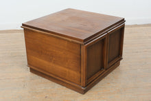 Load image into Gallery viewer, Walnut Finish MCM Style Square Storage Cabinet Sliding Door Accent Table 29x29x20

