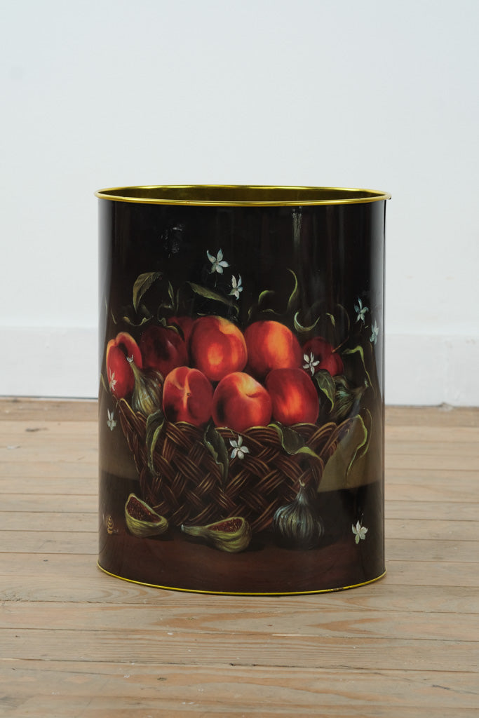 Metal Waste Bin with Hand-Painted Fruit Basket Design – Rustic Farmhouse Decor