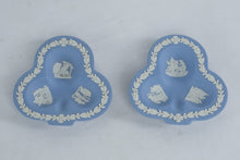 Load image into Gallery viewer, Pair Wedgwood Jasperware Blue Tri-Section Pin Dishes 4.5” England Classical Relief
