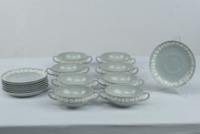 Load image into Gallery viewer, Wedgwood Queensware Celadon Green Cream Soup Bowls Saucers Set of 8 Vintage
