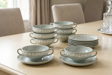 Load image into Gallery viewer, Wedgwood Queensware Celadon Green Cream Soup Bowls Saucers Set of 8 Vintage
