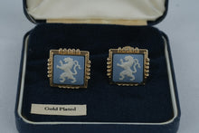 Load image into Gallery viewer, Wedgwood Blue Jasperware Lion Rampant Cufflinks Gold Plated England Boxed
