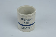 Load image into Gallery viewer, Wesson Oil Advertising Stoneware Crock Blue White Vintage Kitchen Utensil Holder
