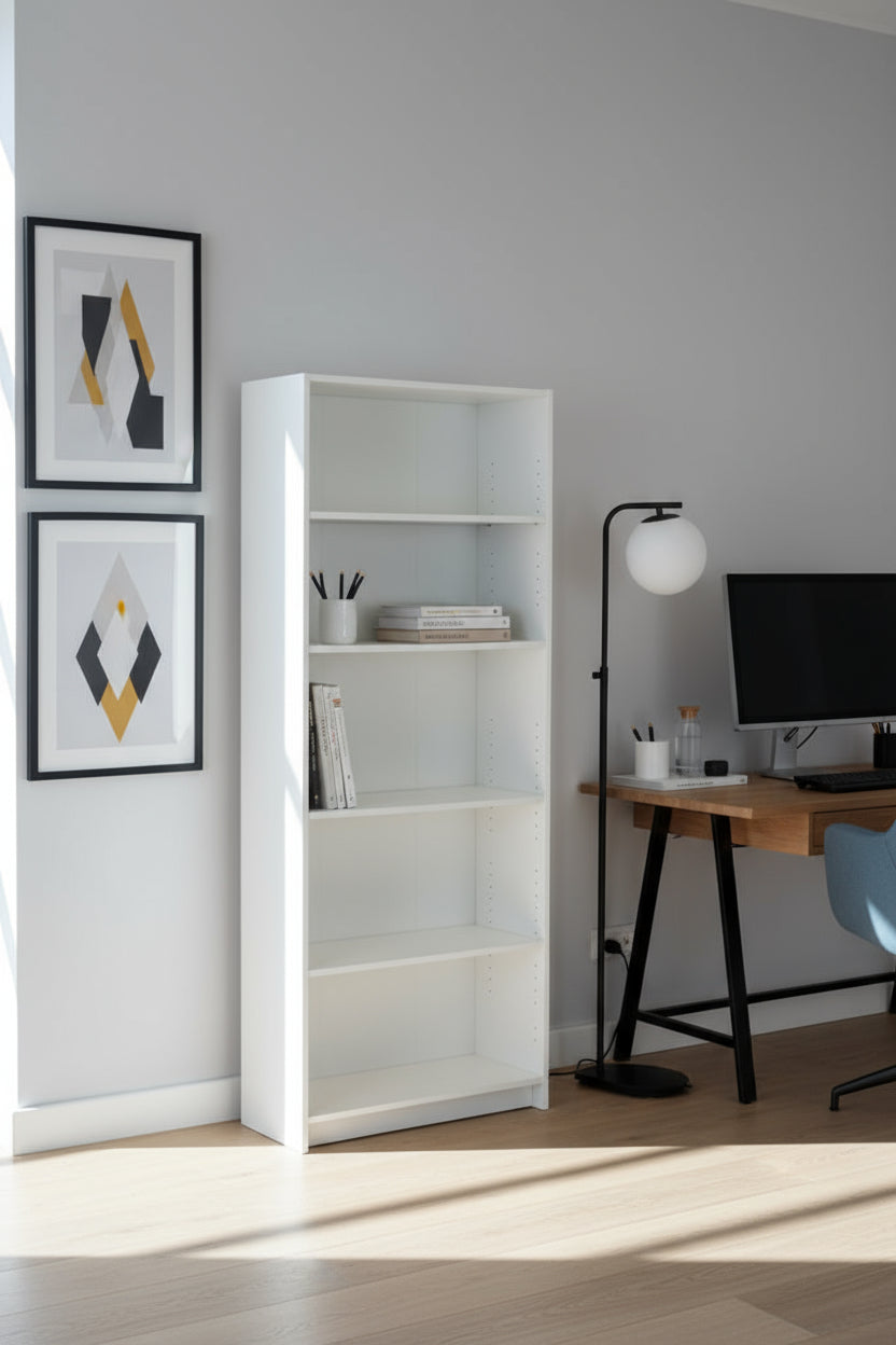 White Five-Shelf Bookcase with Adjustable Shelves - 72