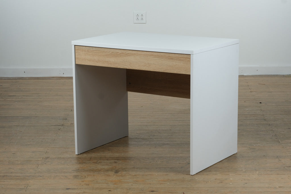 Modern White Desk with Wood-Tone Drawer