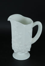Load image into Gallery viewer, Milk Glass Footed Pitcher – Embossed Grape &amp; Leaf Pattern, 8.5" Tall
