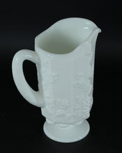 Load image into Gallery viewer, Milk Glass Footed Pitcher – Embossed Grape &amp; Leaf Pattern, 8.5" Tall
