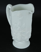 Load image into Gallery viewer, Milk Glass Footed Pitcher – Embossed Grape &amp; Leaf Pattern, 8.5" Tall
