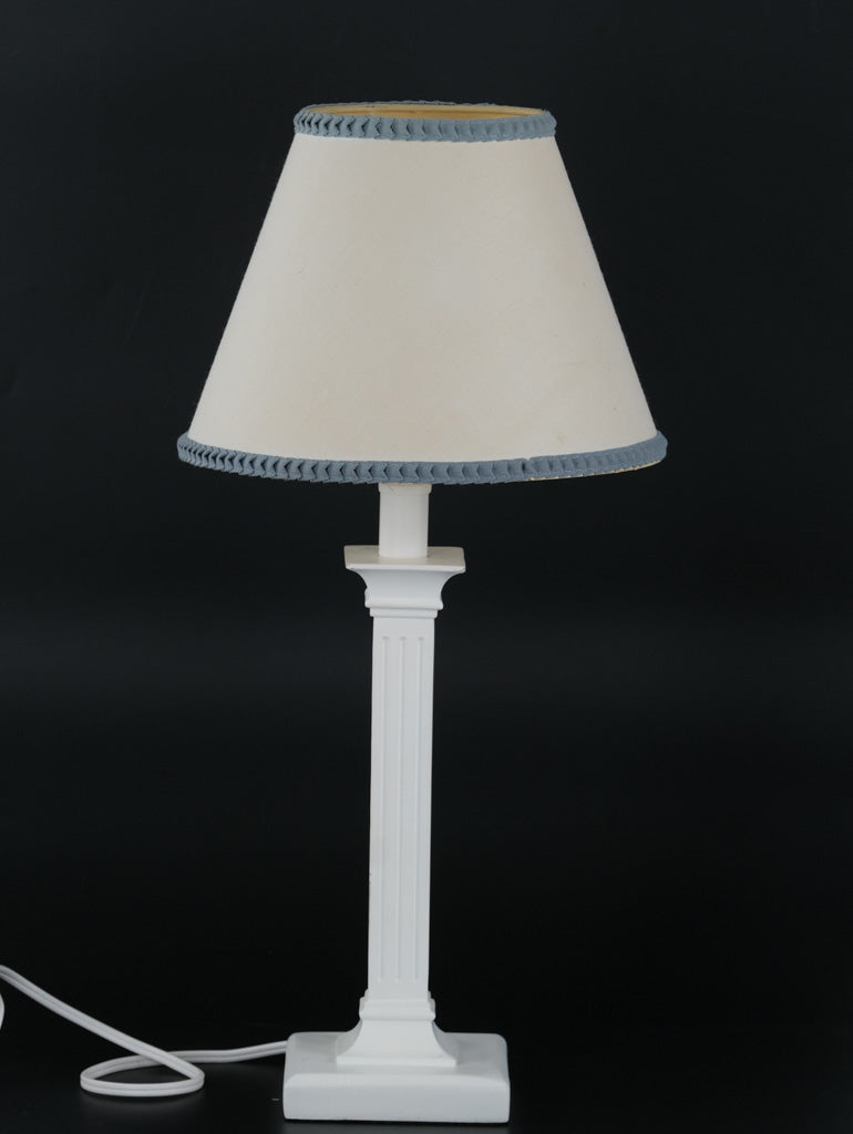 White Column Table Lamp with Blue Trim Shade