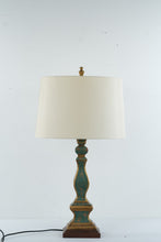 Load image into Gallery viewer, Wildwood Distressed Teal and Gold Painted Candlestick Table Lamp
