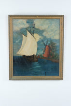Load image into Gallery viewer, Antique Folk Art Oil Painting Sailboat Windmill Maritime Seascape 21 x 25
