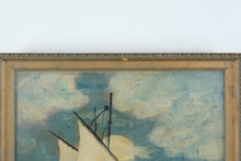 Load image into Gallery viewer, Antique Folk Art Oil Painting Sailboat Windmill Maritime Seascape 21 x 25
