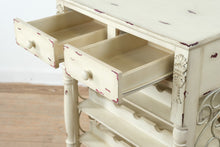 Load image into Gallery viewer, Distressed Painted Wine Rack Cabinet with Drawers and Metal Scroll Sides
