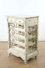 Load image into Gallery viewer, Distressed Painted Wine Rack Cabinet with Drawers and Metal Scroll Sides
