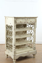 Load image into Gallery viewer, Distressed Painted Wine Rack Cabinet with Drawers and Metal Scroll Sides
