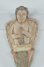 Load image into Gallery viewer, Antique Hand-Carved Wooden Angel Wall Sconce – Polychrome Painted Folk Art Cherub Bracket, 16” Tall
