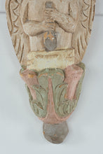 Load image into Gallery viewer, Antique Hand-Carved Wooden Angel Wall Sconce – Polychrome Painted Folk Art Cherub Bracket, 16” Tall
