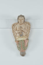 Load image into Gallery viewer, Antique Hand-Carved Wooden Angel Wall Sconce – Polychrome Painted Folk Art Cherub Bracket, 16” Tall
