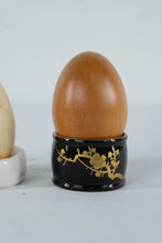 Load image into Gallery viewer, Pair Decorative Wooden Eggs with Stands Turned Wood Egg Sculptures
