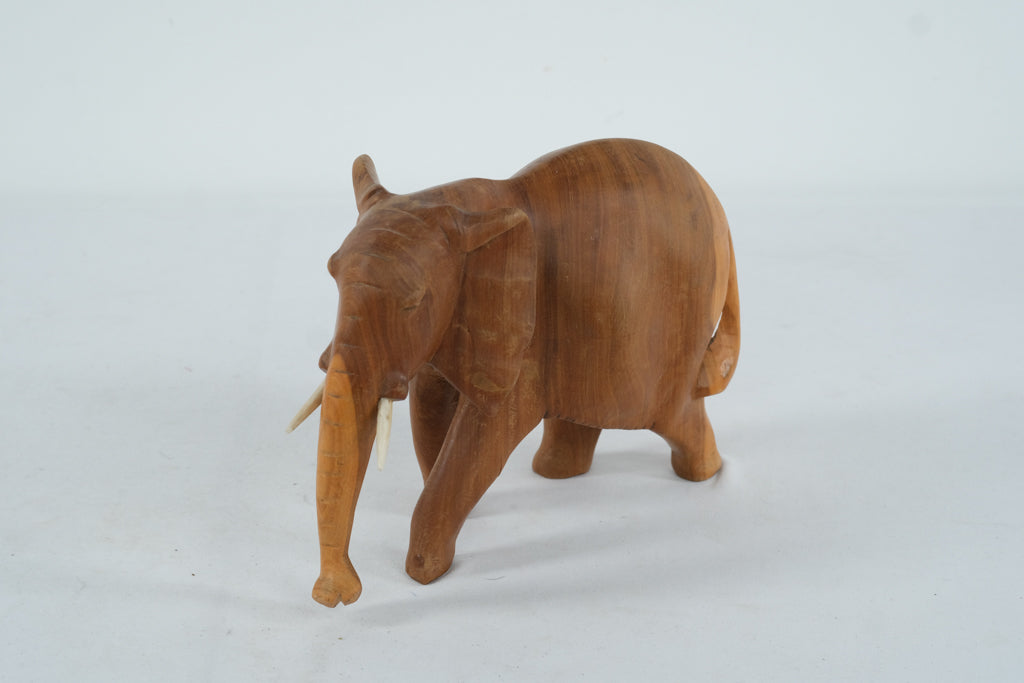 Hand-Carved Wooden Elephant Figurine with Tusk Detail