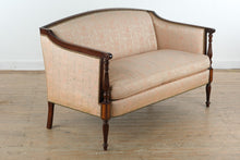 Load image into Gallery viewer, Sheraton Style Mahogany Upholstered Sofa with Inlaid Panels
