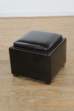Load image into Gallery viewer, World Market Black Leather Storage Ottoman with Reversible Tray Top – 18” Square
