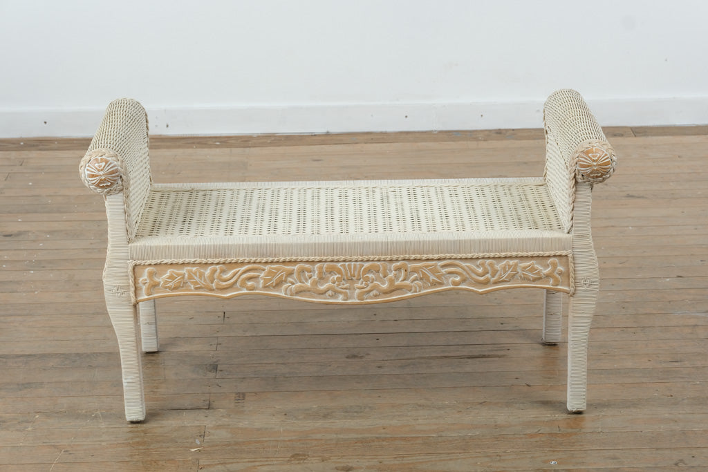 Jamaica Collection Whitewashed Wicker & Carved Wood Bench