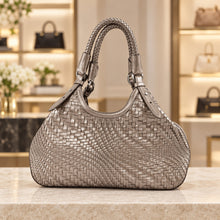 Load image into Gallery viewer, Cole Haan Metallic Taupe Woven Leather Satchel Braided Handle Bag
