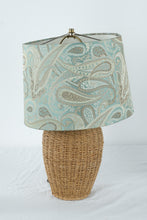 Load image into Gallery viewer, Coastal Wicker Table Lamp Blue Paisley Shade Beach House Boho Decor
