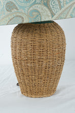 Load image into Gallery viewer, Coastal Wicker Table Lamp Blue Paisley Shade Beach House Boho Decor

