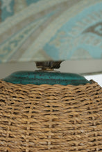 Load image into Gallery viewer, Coastal Wicker Table Lamp Blue Paisley Shade Beach House Boho Decor

