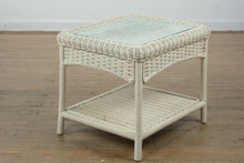 Load image into Gallery viewer, White Wicker Side Table with Glass Top &amp; Lower Shelf
