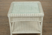 Load image into Gallery viewer, White Wicker Side Table with Glass Top &amp; Lower Shelf
