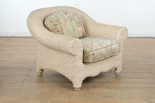 Load image into Gallery viewer, Cream Woven Wicker Lounge Chair &amp; Matching Ottoman – Tropical Upholstery, Coastal Cottage Style
