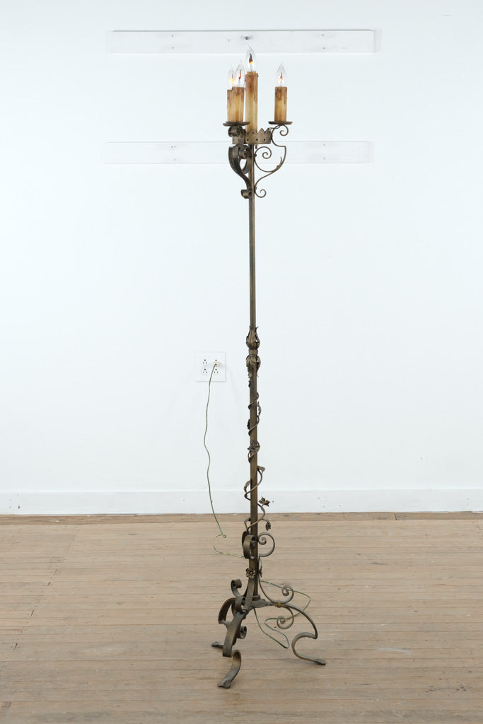 Wrought Iron Candelabra Floor Lamp – Three-Light Gothic Revival Torchère with Scrollwork Base