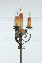 Load image into Gallery viewer, Wrought Iron Candelabra Floor Lamp – Three-Light Gothic Revival Torchère with Scrollwork Base
