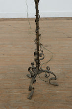 Load image into Gallery viewer, Wrought Iron Candelabra Floor Lamp – Three-Light Gothic Revival Torchère with Scrollwork Base
