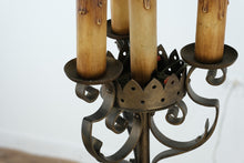 Load image into Gallery viewer, Wrought Iron Candelabra Floor Lamp – Three-Light Gothic Revival Torchère with Scrollwork Base

