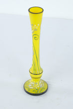 Load image into Gallery viewer, Czechoslovakia Yellow Art Glass Bud Vase Hand Painted Floral 8 Inch
