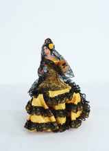 Load image into Gallery viewer, Spanish Flamenco Dancer Doll 10” Tall Yellow &amp; Black Lace Ruffled Dress w/ Fan – Souvenir Figure
