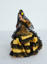 Load image into Gallery viewer, Spanish Flamenco Dancer Doll 10” Tall Yellow &amp; Black Lace Ruffled Dress w/ Fan – Souvenir Figure
