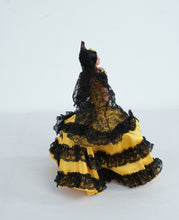 Load image into Gallery viewer, Spanish Flamenco Dancer Doll 10” Tall Yellow &amp; Black Lace Ruffled Dress w/ Fan – Souvenir Figure

