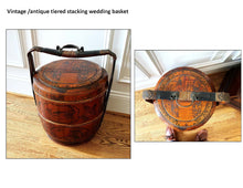 Load image into Gallery viewer, Antique Chinese Wedding Basket 3 Tier Painted Wood Bamboo Food Carrier
