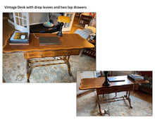 Load image into Gallery viewer, Vintage Drop Leaf Writing Desk with Two Drawers and Turned Stretcher Base
