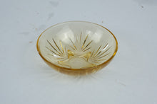 Load image into Gallery viewer, Amber Glass Starburst Footed Dessert Bowl Gold Tone Sunburst Design 5 Inch
