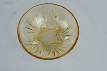 Load image into Gallery viewer, Amber Glass Starburst Footed Dessert Bowl Gold Tone Sunburst Design 5 Inch
