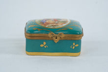 Load image into Gallery viewer, Turquoise Porcelain Hinged Trinket Box Courting Couple Floral Gold Gilt

