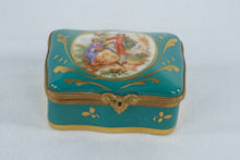 Load image into Gallery viewer, Turquoise Porcelain Hinged Trinket Box Courting Couple Floral Gold Gilt
