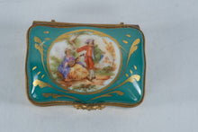 Load image into Gallery viewer, Turquoise Porcelain Hinged Trinket Box Courting Couple Floral Gold Gilt
